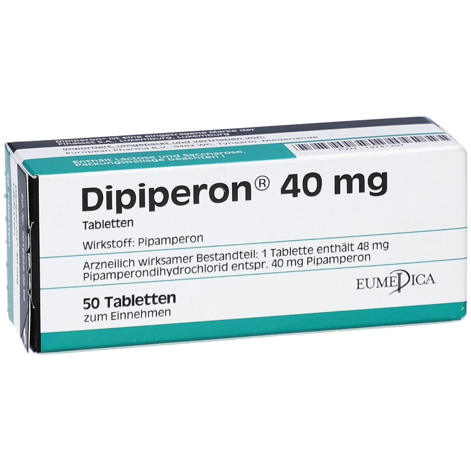Schachtel mit Tabletten. Aufschrift: Dipiperon 40 mg. 50 Tabletten. EUMEDICA Logo.