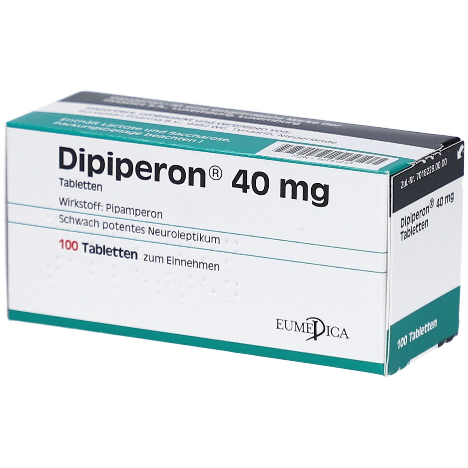 Schachtel mit "Dipiperon 40 mg Tabletten". 100 Tabletten. EUMEDICA Logo. Grün-weiße Verpackung.