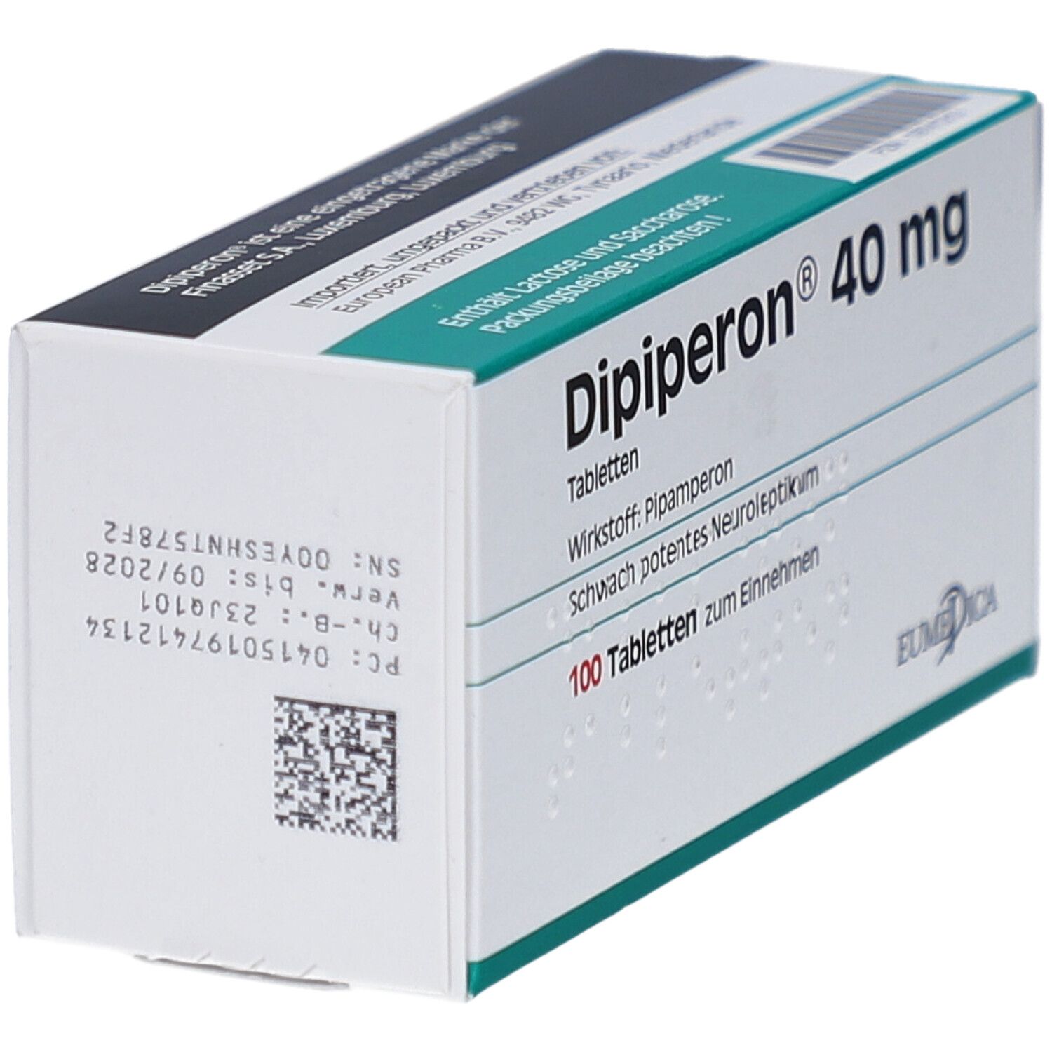 Schachtel "Dipiperon 40 mg Tabletten". Seitenansicht. Text: "100 Tabletten". QR-Code und Chargennummer.