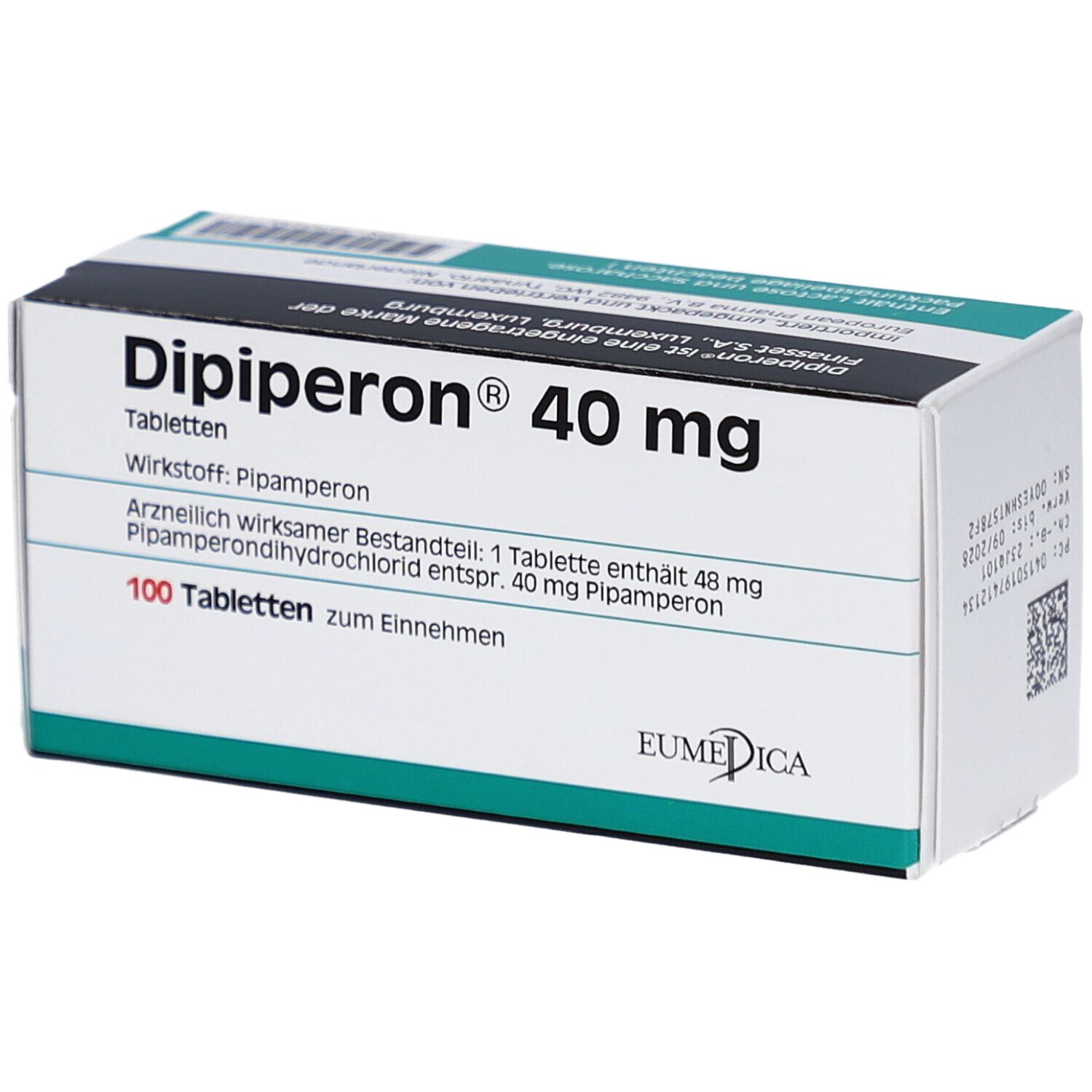 Schachtel "Dipiperon 40 mg Tabletten". 100 Tabletten. EUMEDICA Logo. Grün-weiße Verpackung. Detailansicht.