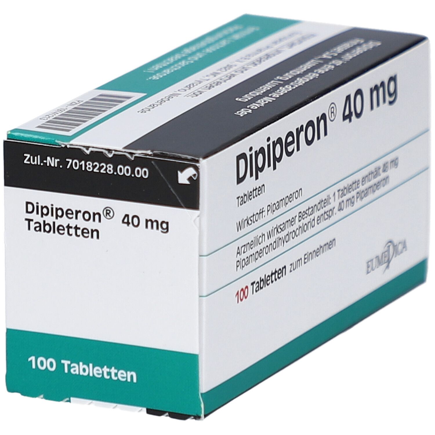 Schachtel "Dipiperon 40 mg Tabletten". 100 Tabletten. EUMEDICA Logo. Grün-weiße Verpackung. Detailansicht.