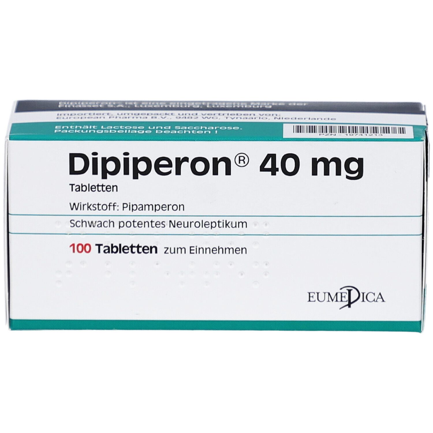 Schachtel "Dipiperon 40 mg Tabletten". 100 Tabletten. EUMEDICA Logo. Grün-weiße Verpackung. Detailansicht.
