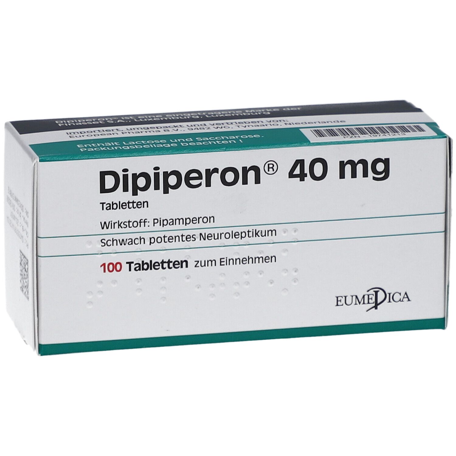 Schachtel "Dipiperon 40 mg Tabletten". 100 Tabletten. EUMEDICA Logo. Grün-weiße Verpackung. Detailansicht.