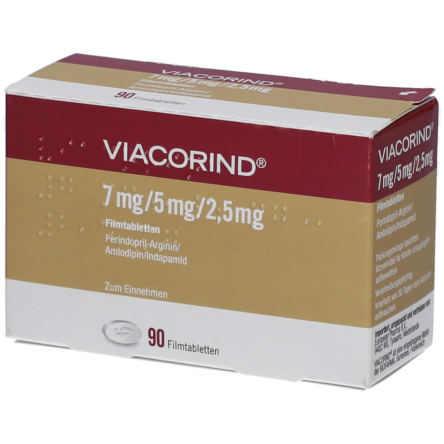 Schachtel mit VIACORIND 7 mg/5 mg/2,5 mg Filmtabletten. Aufschrift: 90 Filmtabletten. Rote und goldfarbene Elemente.