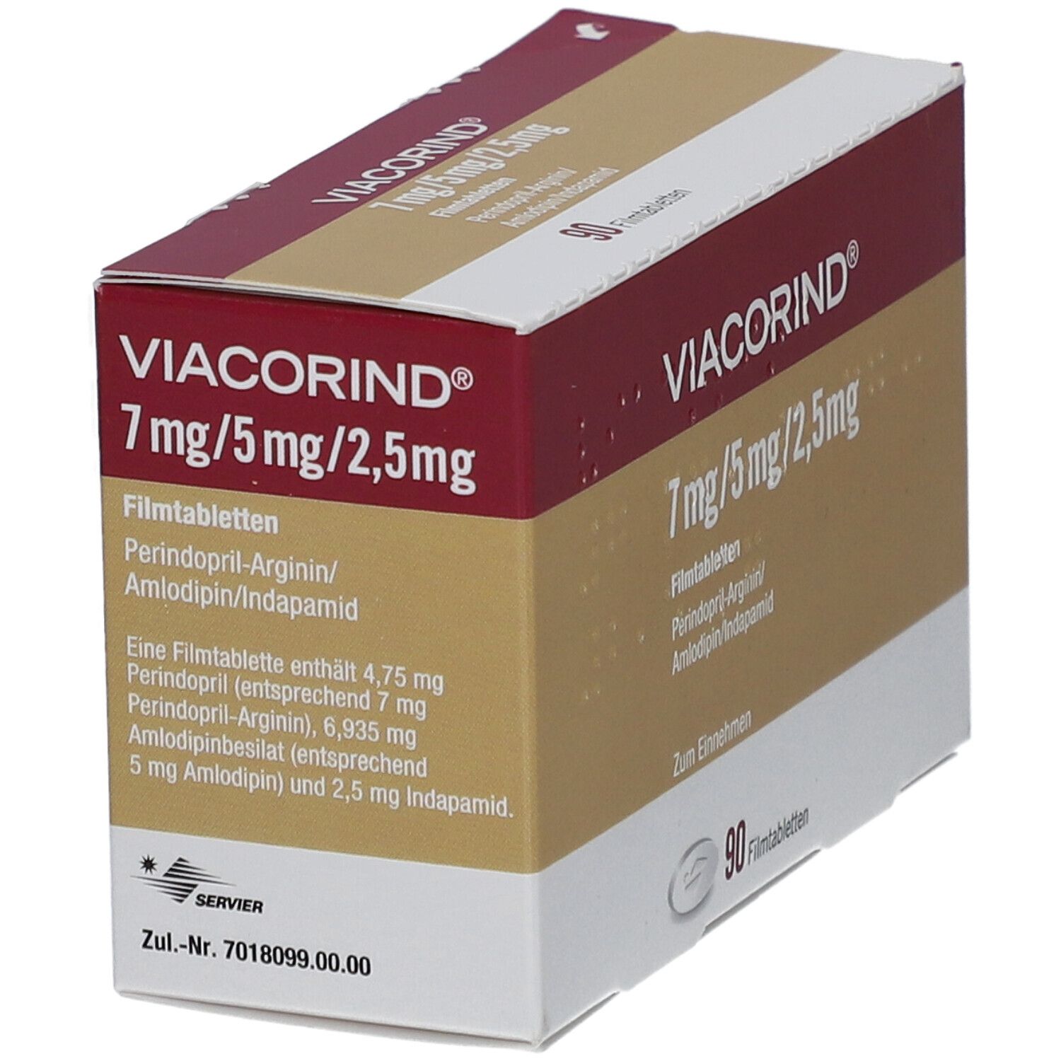 Schachtel VIACORIND 7 mg/5 mg/2,5 mg Filmtabletten. Aufschrift: 90 Filmtabletten. Rote und goldfarbene Elemente. Detailinformationen.