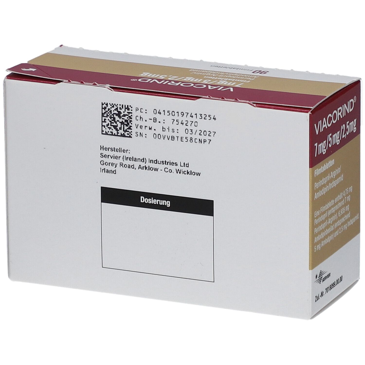 Rückseite der Schachtel VIACORIND 7 mg/5 mg/2,5 mg Filmtabletten. Barcode und Herstellerinformationen. Goldfarbene und rote Elemente.