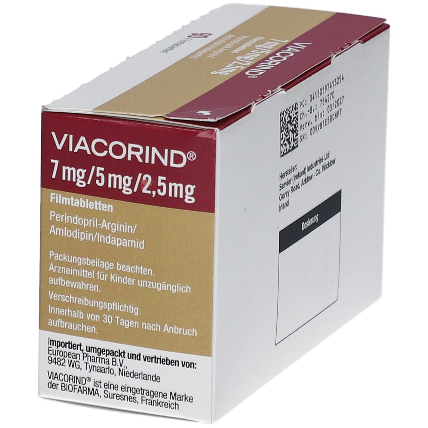 Schachtel VIACORIND 7 mg/5 mg/2,5 mg Filmtabletten. Barcode, Herstellerinformationen. Goldfarbene und rote Elemente. Importeur.