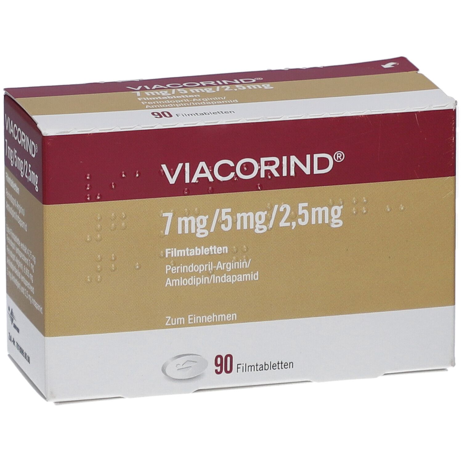 Schachtel VIACORIND 7 mg/5 mg/2,5 mg Filmtabletten. Aufschrift: 90 Filmtabletten. Rote und goldfarbene Elemente. Produktname prominent.