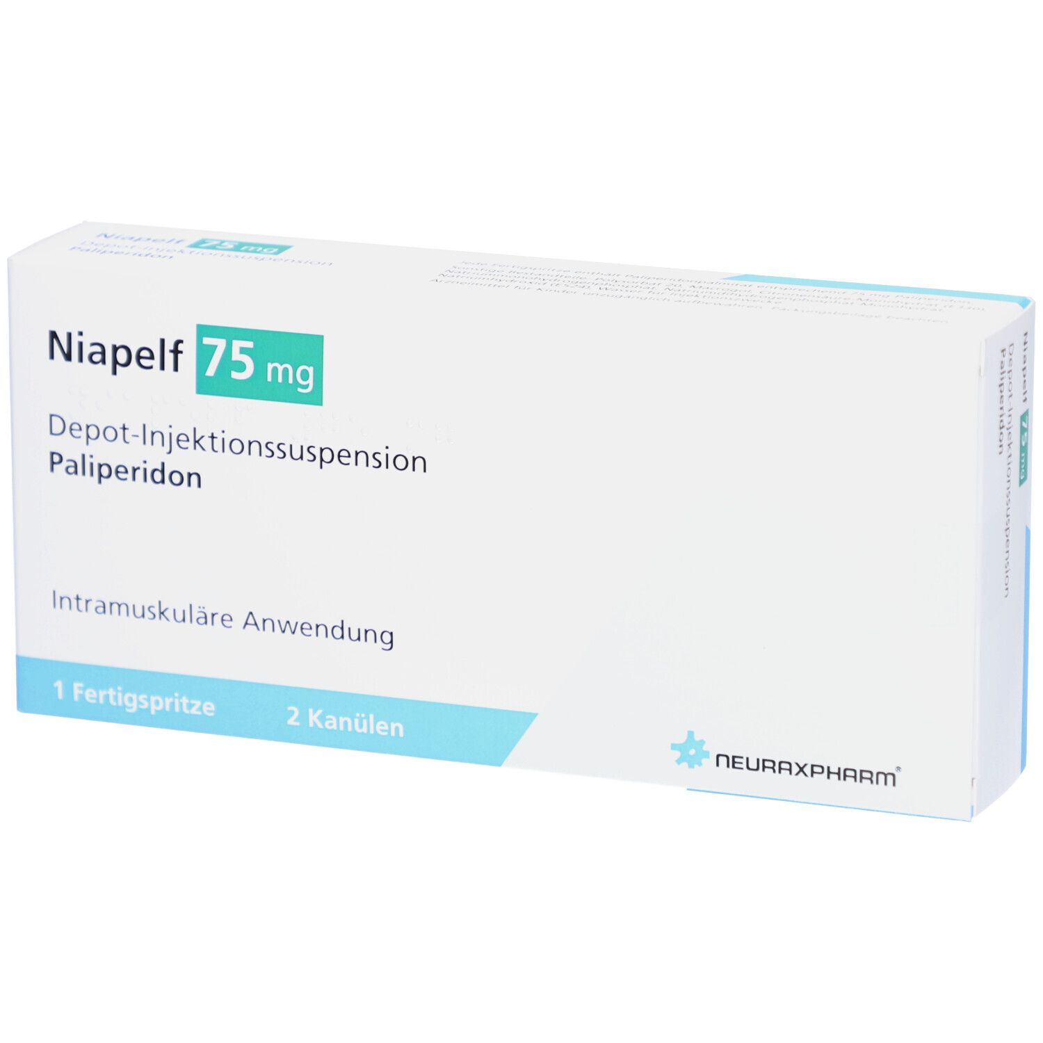 Schachtel mit Aufschrift Niapelf 75 mg, Depot-Injektionssuspension, Palipderidon. Enthält 1 Fertigspritze und 2 Kanülen.