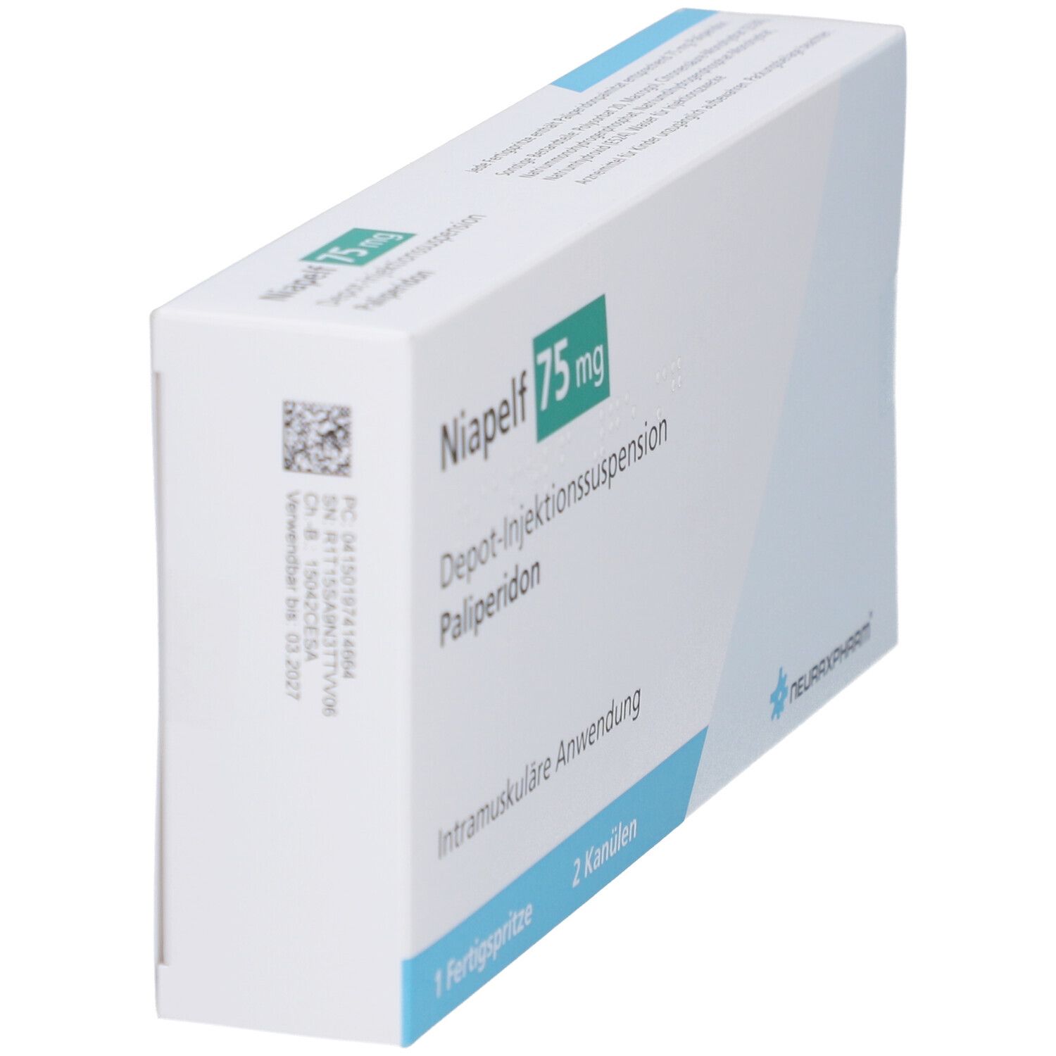 Schachtel mit Niapelf 75 mg, Depot-Injektionssuspension, Palipderidon. Enthält 1 Fertigspritze und 2 Kanülen. Ansicht schräg.