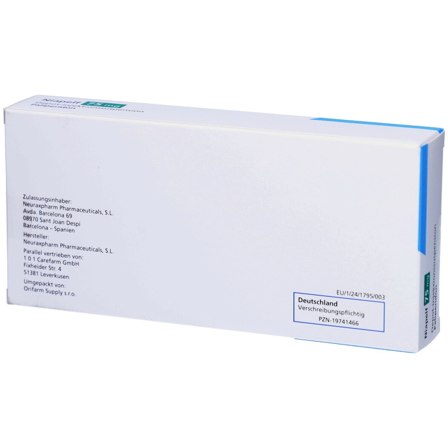 Rückseite der Schachtel mit Informationen zu Hersteller, Zulassung und Verschreibungspflicht. Text in Deutsch.