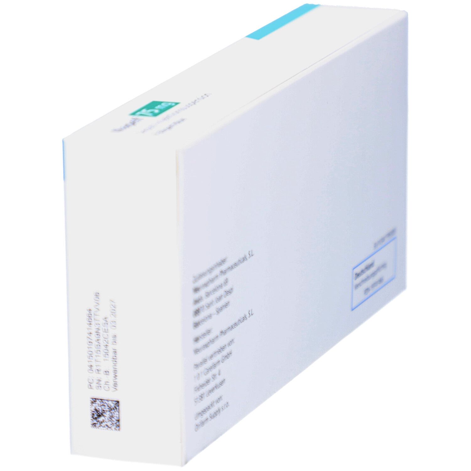 Schachtel mit Informationen zu Hersteller, Zulassung und Verschreibungspflicht. Ansicht schräg.