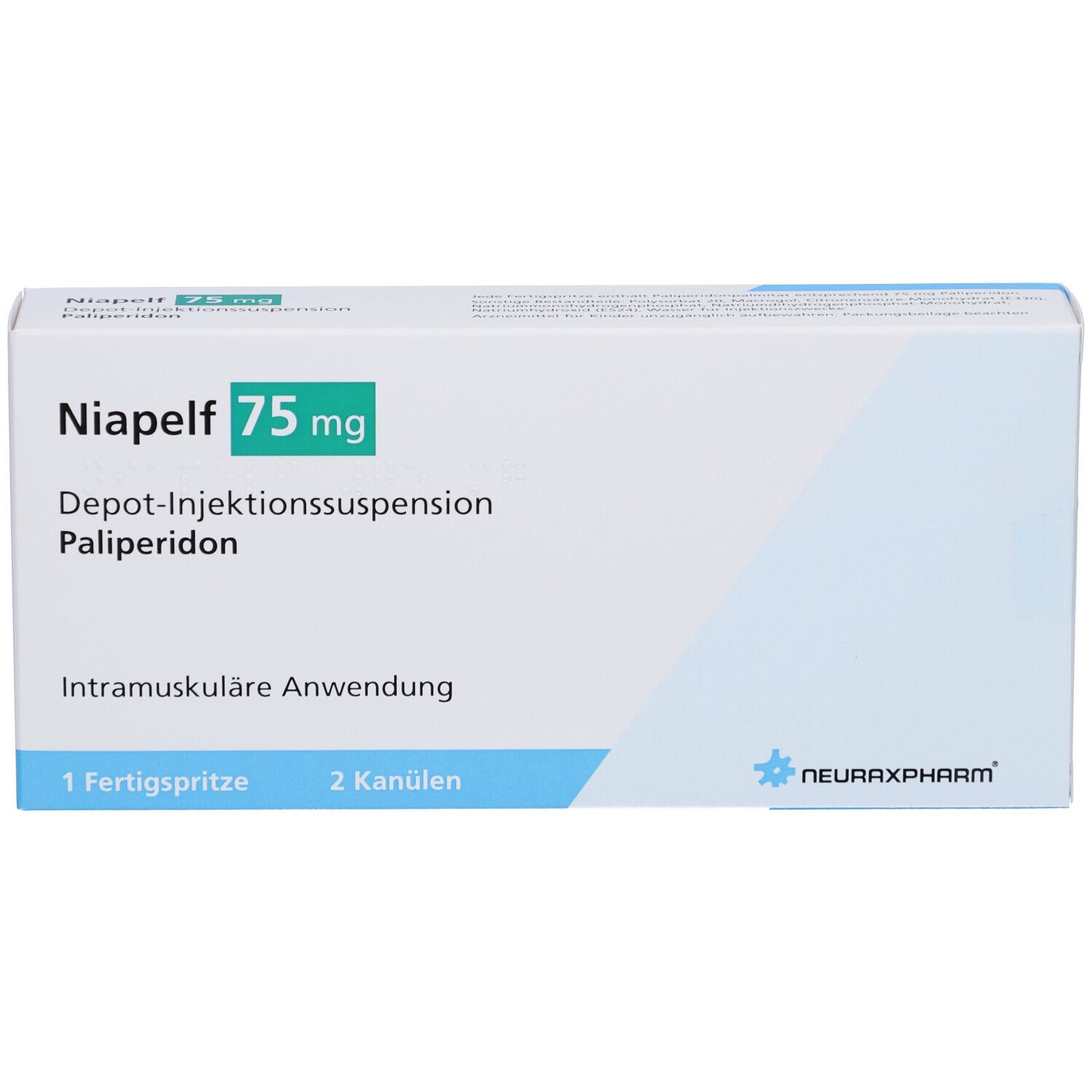Schachtel mit Aufschrift Niapelf 75 mg, Depot-Injektionssuspension, Palipderidon. Enthält 1 Fertigspritze und 2 Kanülen.