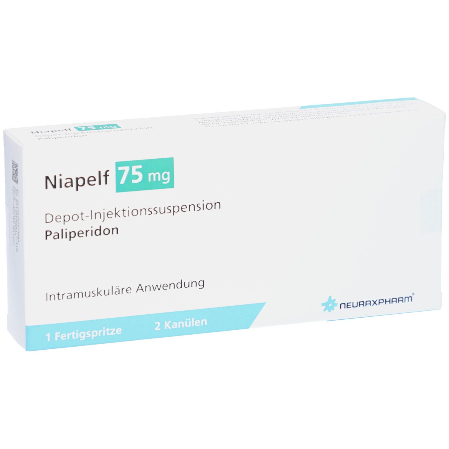 Schachtel mit Aufschrift Niapelf 75 mg, Depot-Injektionssuspension, Palipderidon. Enthält 1 Fertigspritze und 2 Kanülen.