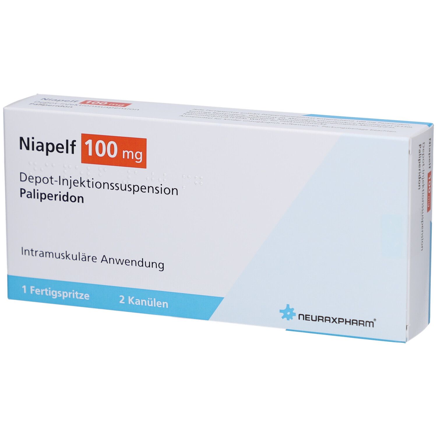 Weiße Produktverpackung mit roter und blauer Schrift. Aufschrift: Niapelf 100 mg, Depot-Injektionssuspension, Palipderidon. Enthält 1 Fertigspritze, 2 Kanülen.