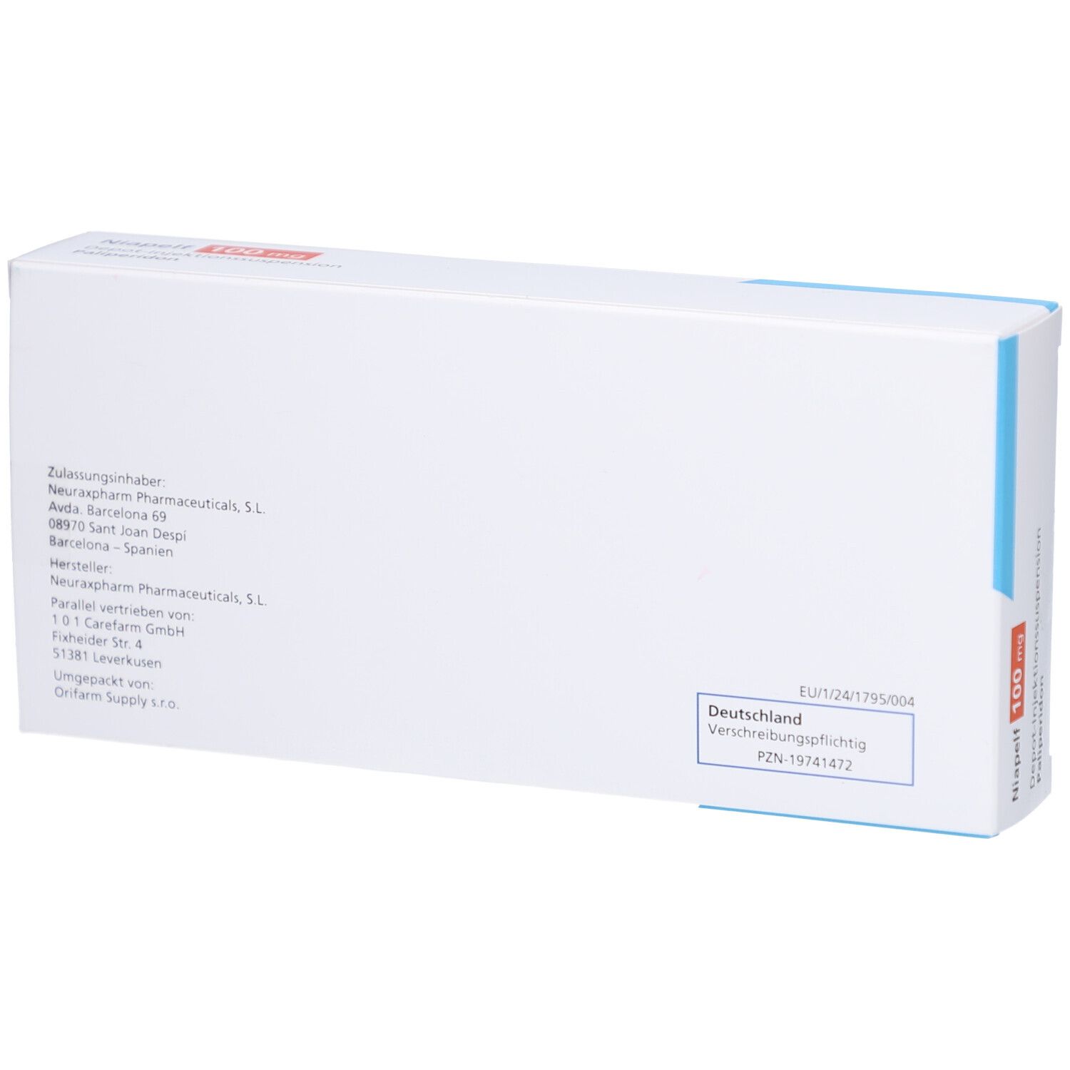 Rückseite der weißen Produktverpackung. Text: Pharmazeutische Informationen, Hersteller, Chargennummer, Verfallsdatum, PZN-Nummer, Deutschland.