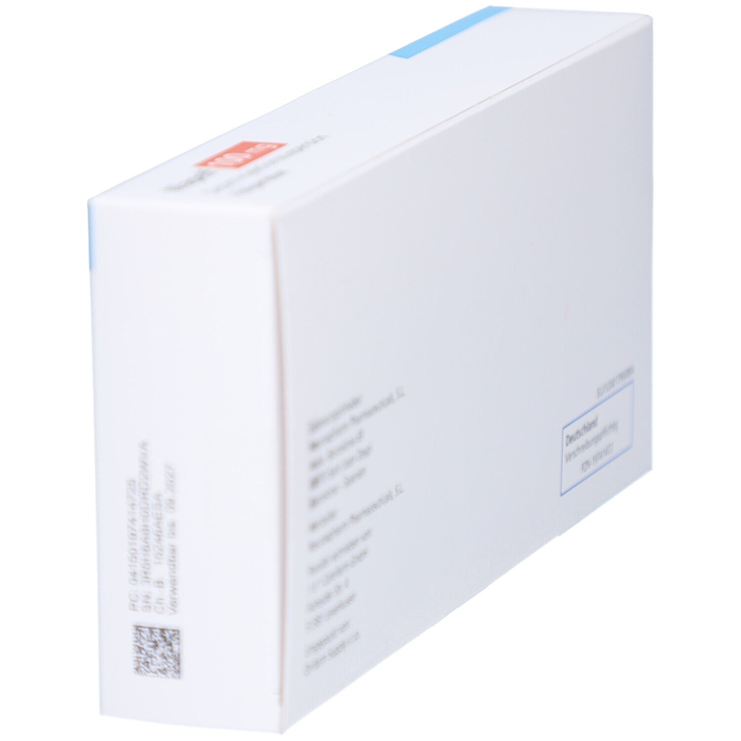 Schräge Ansicht der weißen Produktverpackung. Text: Pharmazeutische Informationen, Chargennummer, Verfallsdatum, PZN-Nummer, Deutschland.