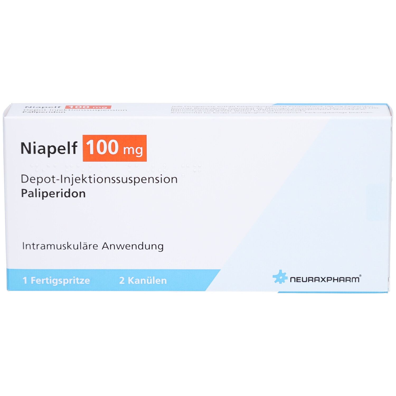 Weiße Produktverpackung mit roter und blauer Schrift. Aufschrift: Niapelf 100 mg, Depot-Injektionssuspension, Palipderidon. Enthält 1 Fertigspritze, 2 Kanülen.