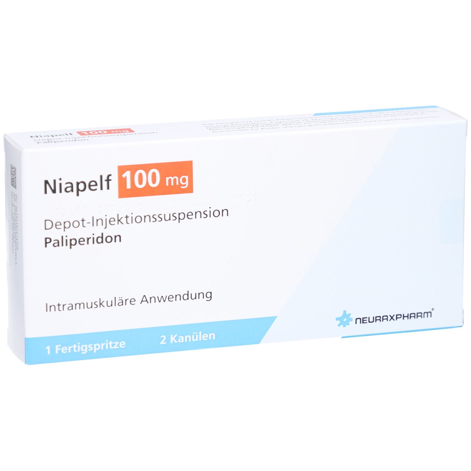 Weiße Produktverpackung mit roter und blauer Schrift. Aufschrift: Niapelf 100 mg, Depot-Injektionssuspension, Palipderidon. Enthält 1 Fertigspritze, 2 Kanülen.
