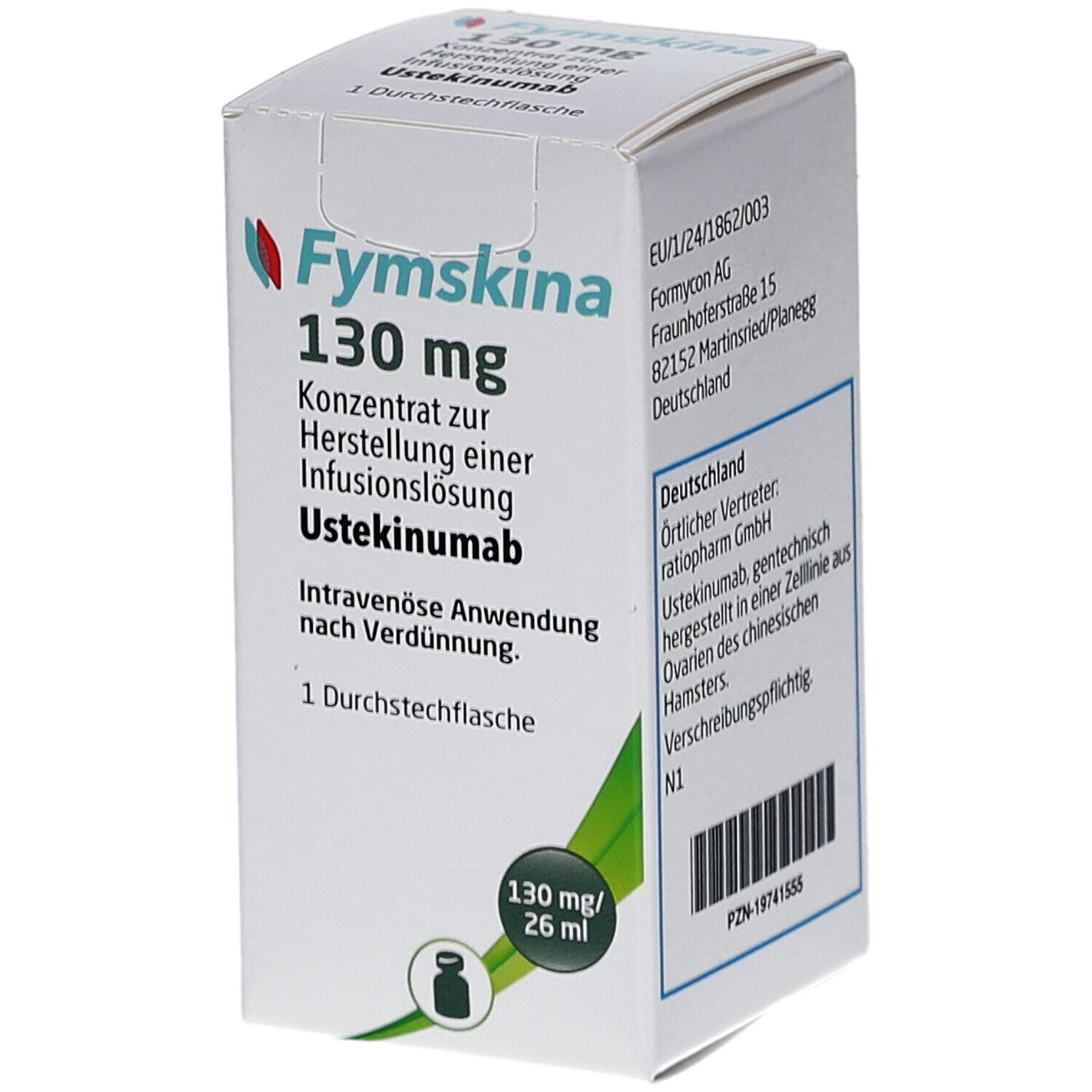 Karton von Fymskina 130 mg, Konzentrat zur Herstellung einer Infusionslösung. Enthält Ustekinumab. 1 Durchstechflasche.
