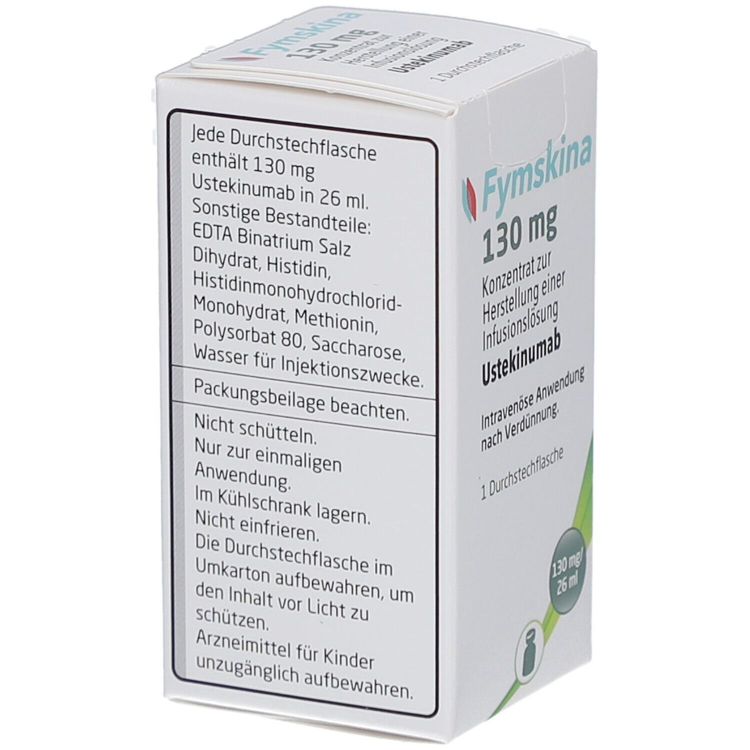 Rückseite der Fymskina 130 mg Verpackung. Enthält Informationen zu Inhaltsstoffen und Anwendungshinweisen.