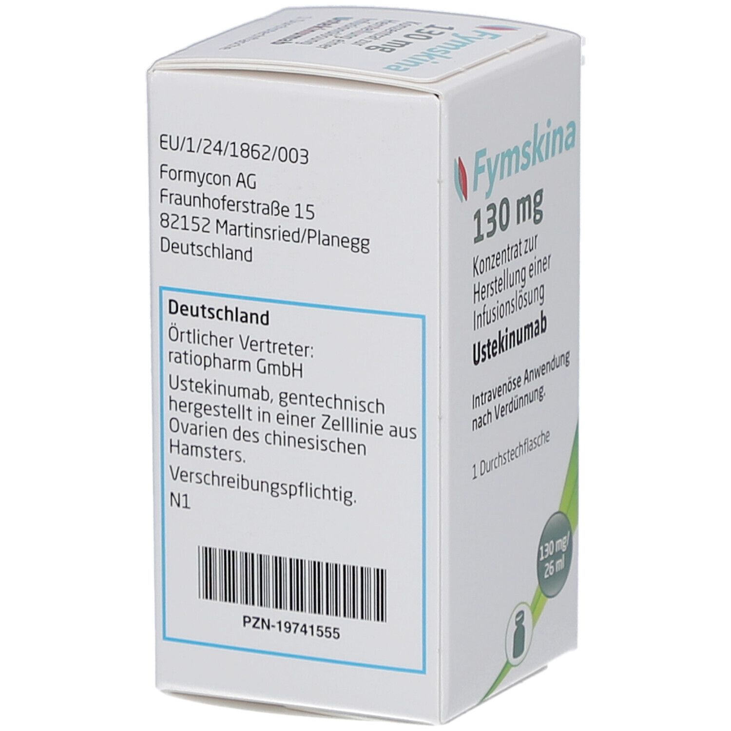 Fymskina 130 mg Verpackung. Enthält Informationen zu Hersteller, Wirkstoff und Verschreibungspflicht.