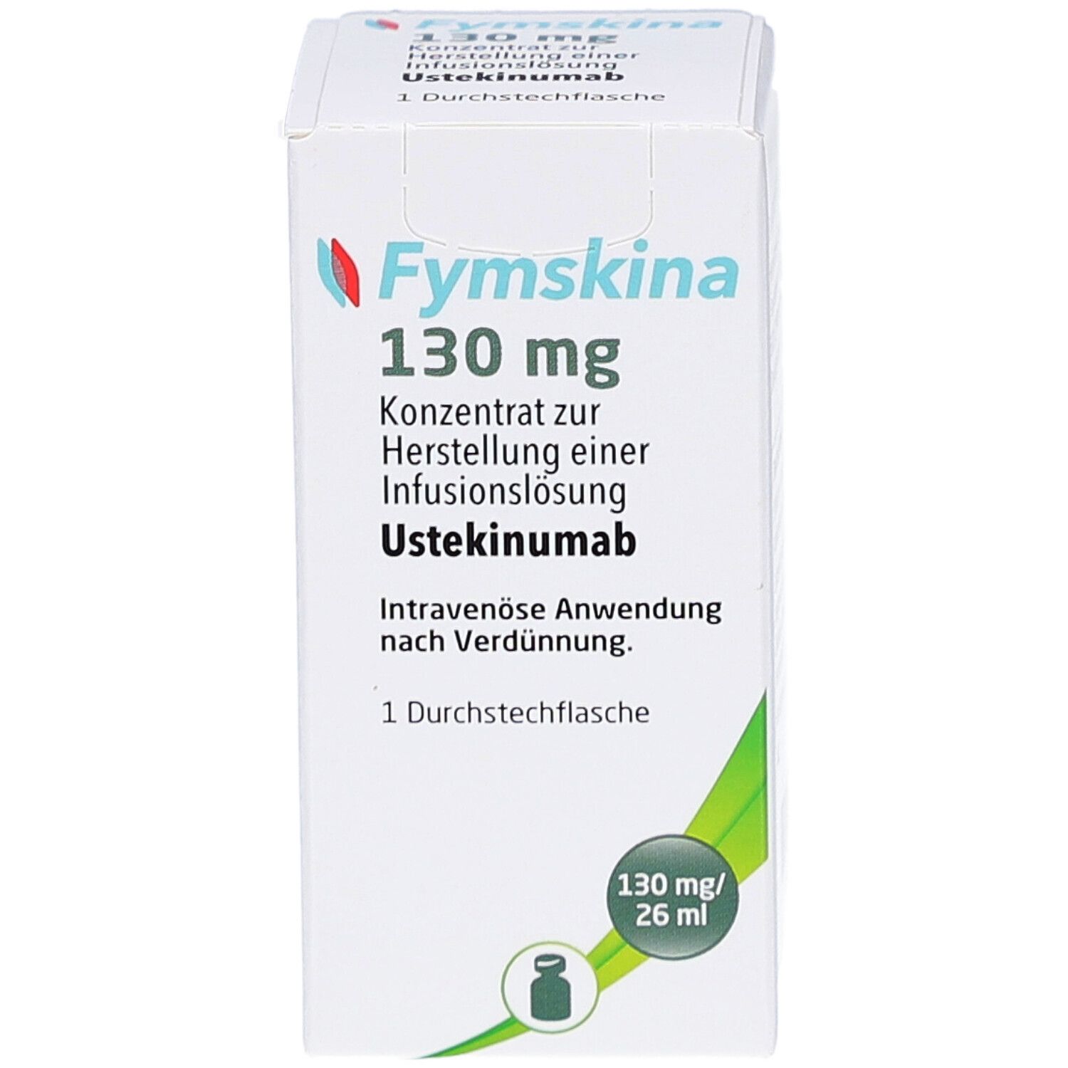 Fymskina 130 mg Karton. Konzentrat zur Herstellung einer Infusionslösung. Enthält Ustekinumab. 1 Durchstechflasche.