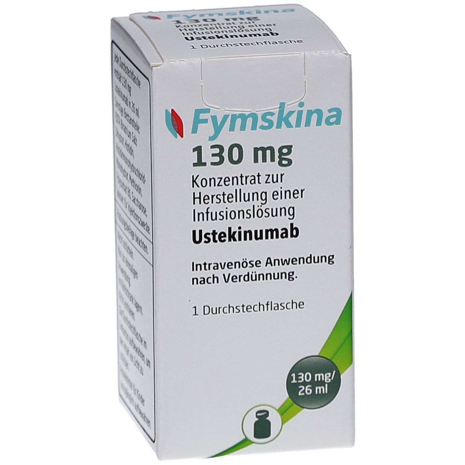 Fymskina 130 mg Karton. Konzentrat zur Herstellung einer Infusionslösung. Enthält Ustekinumab. 1 Durchstechflasche.