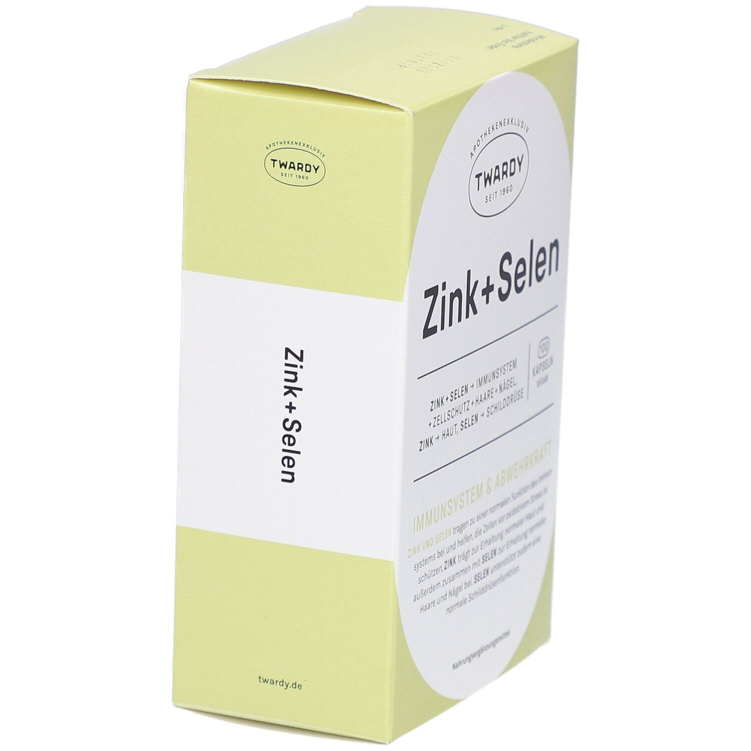 Hellgrüne Schachtel mit "Zink+Selen"-Aufdruck. Logo "Twardy". Seitenansicht.