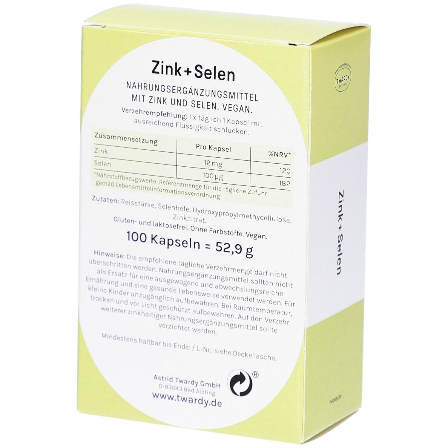 Rückseite der hellgrünen Schachtel. Text: "Zink+Selen", Nährwertangaben, "100 Kapseln".