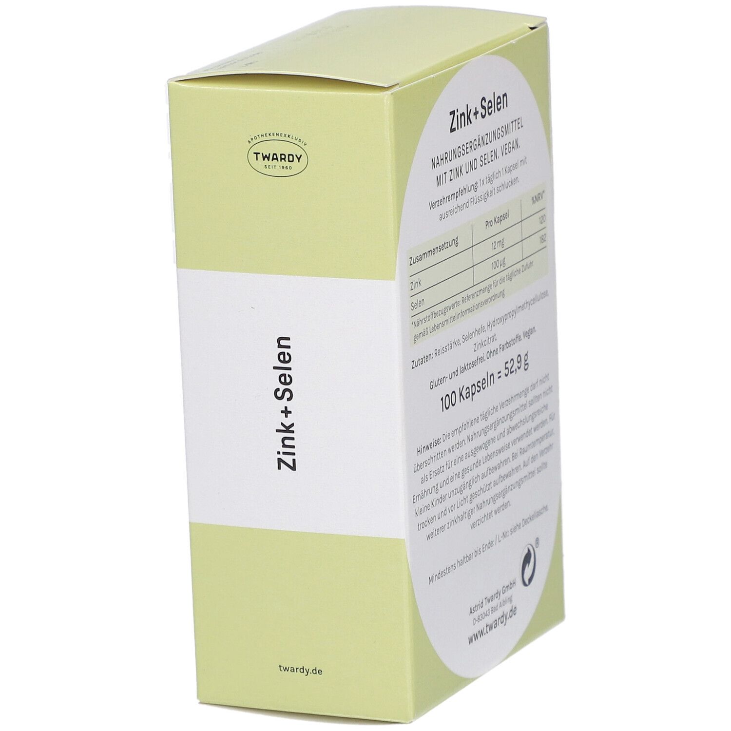 Hellgrüne Schachtel mit "Zink+Selen"-Aufdruck. Rückseite mit Nährwertangaben.