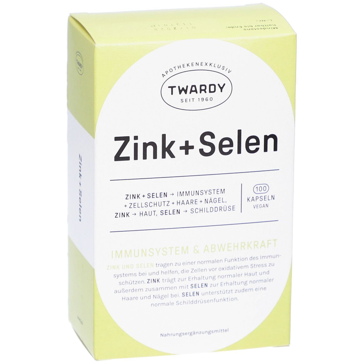 Hellgrüne Schachtel mit "Zink+Selen"-Aufdruck. Logo "Twardy". Text: "100 Kapseln vegan".