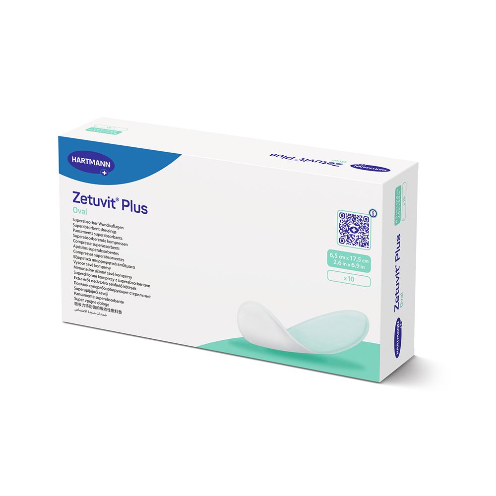Verpackung Zetuvit® Plus Oval Superabsorber-Wundauflage, steril, 6,5 x 17,5 cm, 10 Stück.