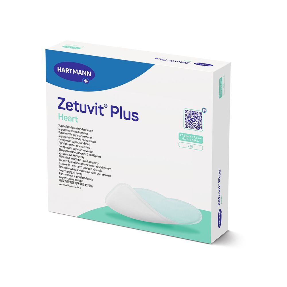 Verpackung Zetuvit Plus Heart Superabsorber-Wundauflage, steril, 17,6 x 17,6 cm.
