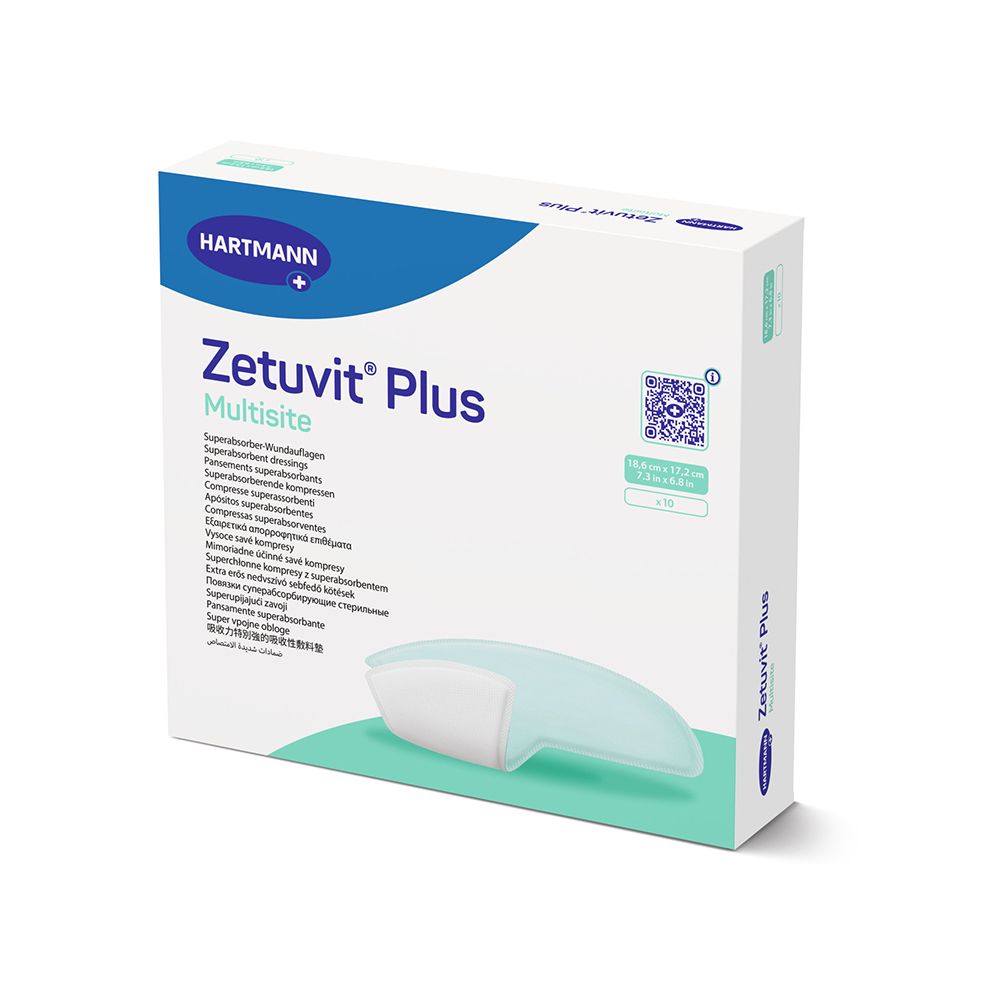 Verpackung Zetuvit® Plus Multisite Superabsorber-Wundauflage, steril, 17,2 x 18,6 cm, 10 Stück.