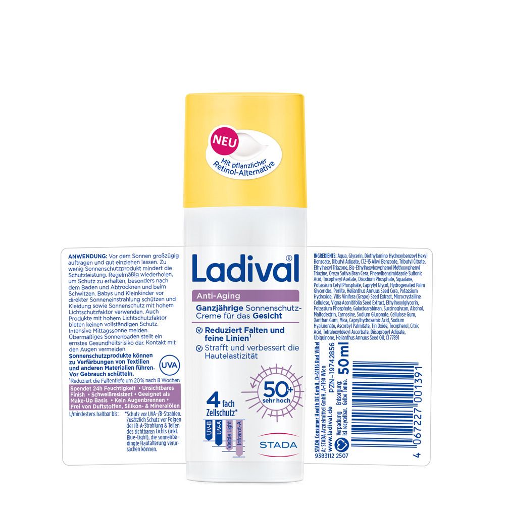 Ladival® Anti-Aging Sonnenschutz Gesicht LSF 50+ Flasche. Produktinformationen und Inhaltsstoffe auf Etiketten. Mit pflanzlicher Retinol-Alternative.