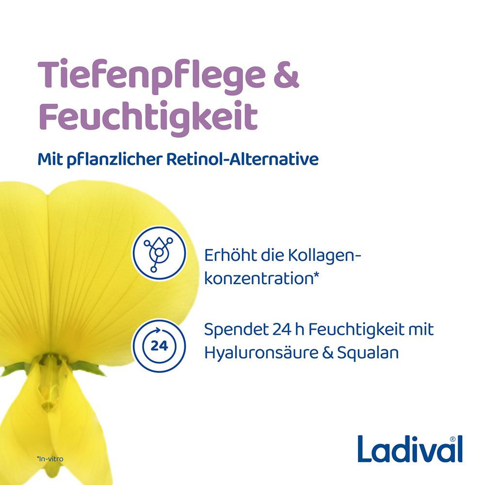 Blume mit Text: Tiefenpflege & Feuchtigkeit. Mit pflanzlicher Retinol-Alternative. Erhöht die Kollagenkonzentration. 24h Feuchtigkeit.