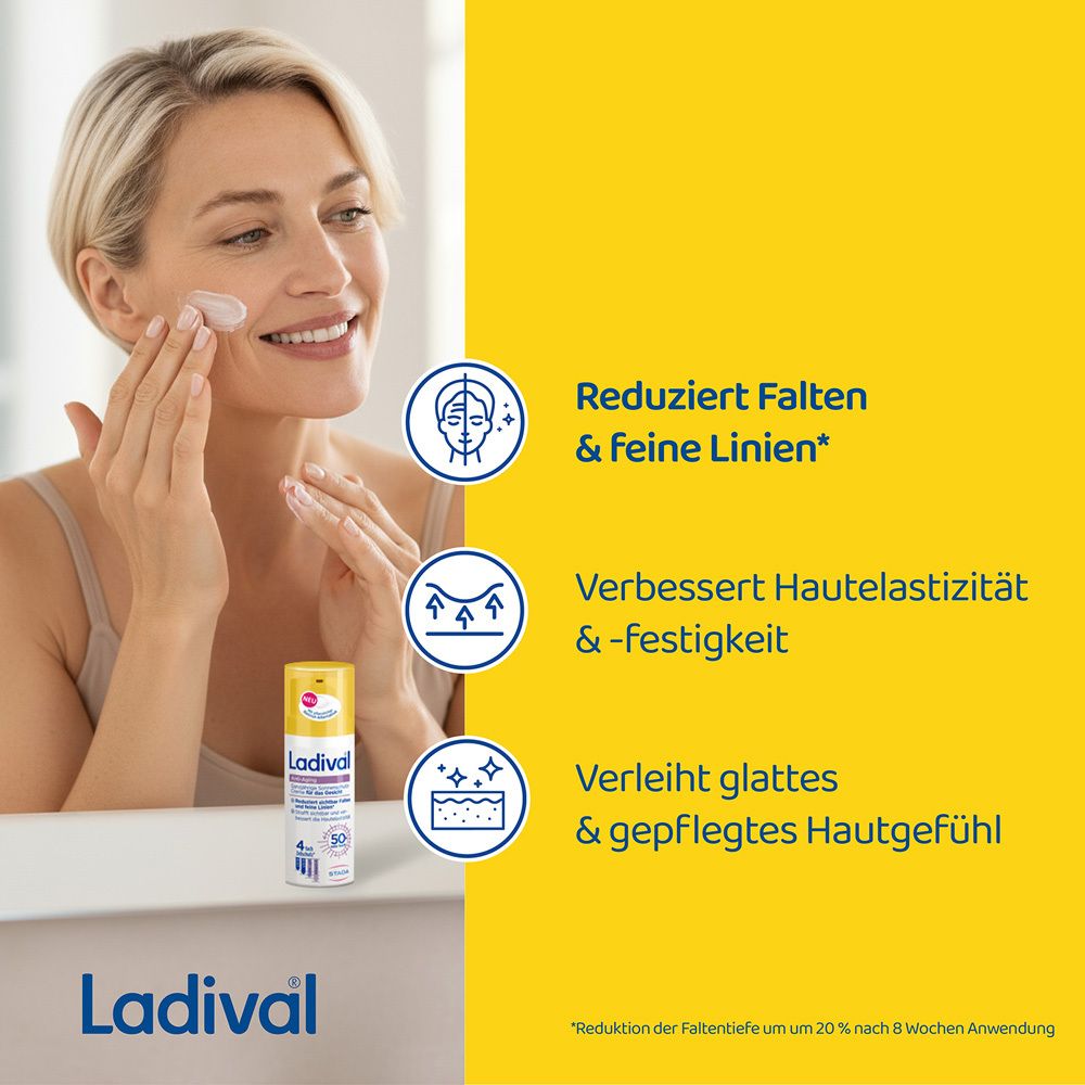 Frau mit Ladival® Anti-Aging Sonnenschutz Gesicht LSF 50+ Flasche. Text: Reduziert Falten, verbessert Hautelastizität. Gelber Hintergrund.