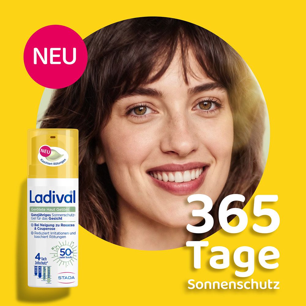 Frau mit Ladival® Gesichtsgel. Gelbe Grafik mit Text: 365 Tage Sonnenschutz. Produkt und Gesicht.