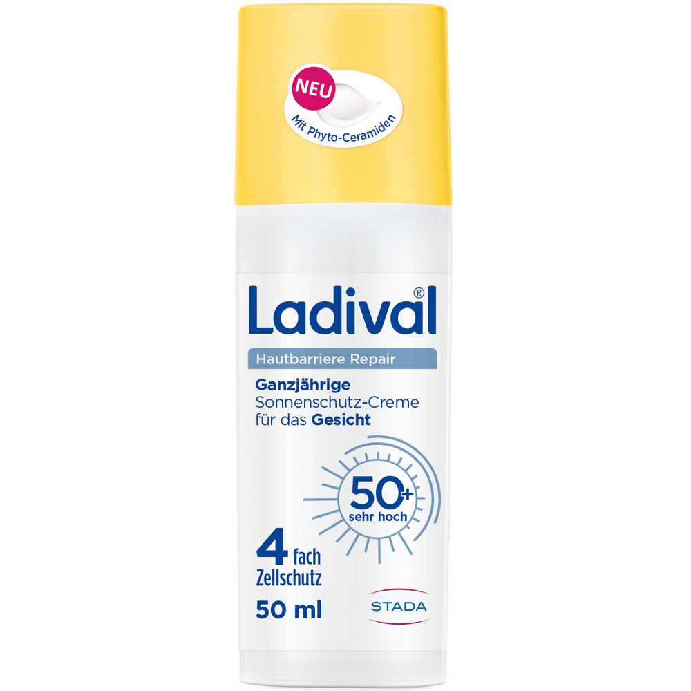 Sonnenschutzcreme für das Gesicht. Weißes Fläschchen mit gelbem Deckel. Text: Ladival, LSF 50+.