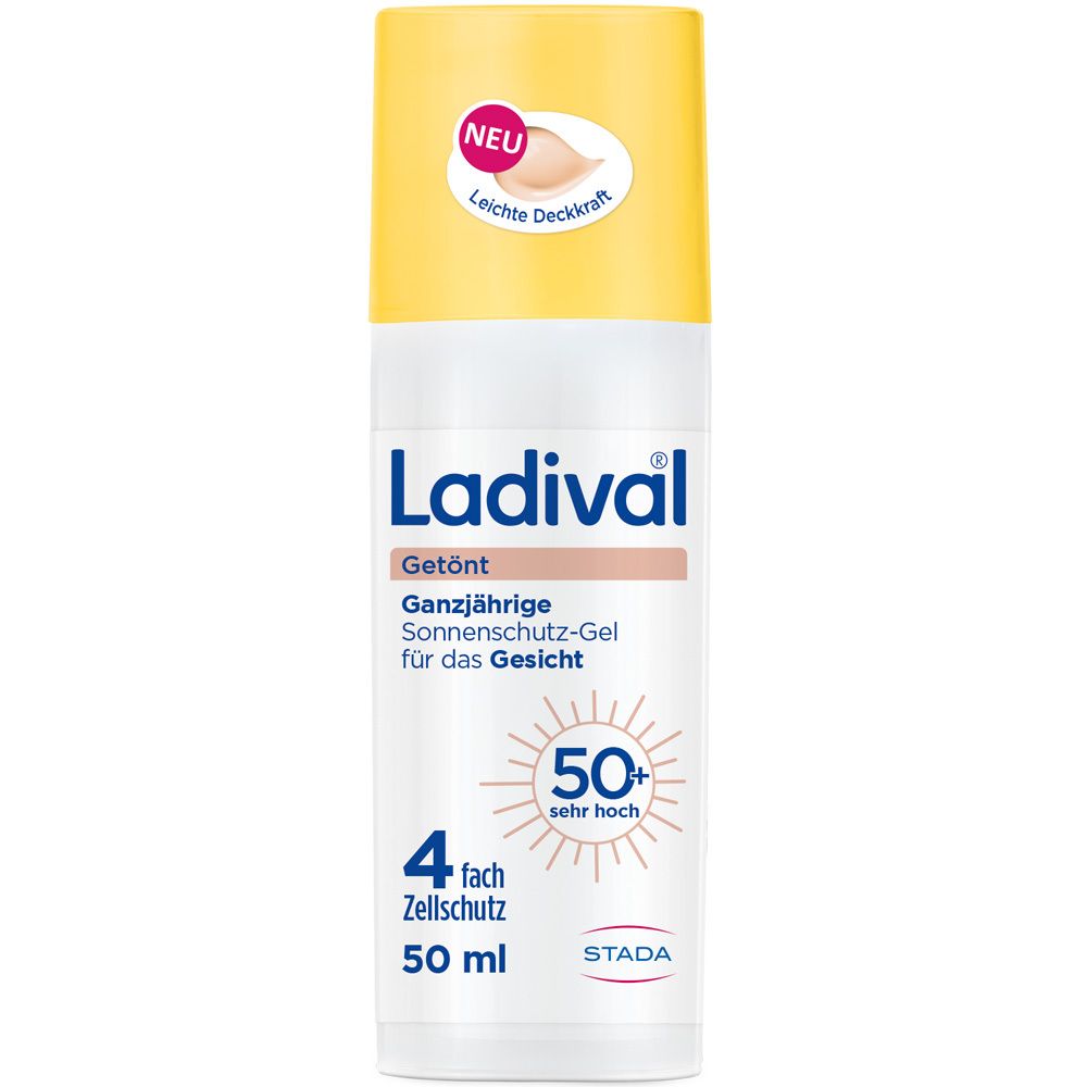 Ladival® Getönt Sonnenschutz Gel LSF 50+ für das Gesicht. Weiße Tube mit gelbem Deckel. Aufschrift: 50+ sehr hoch.