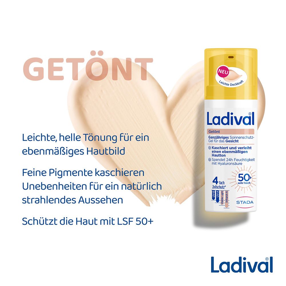 Ladival® Getönt Sonnenschutz Gel LSF 50+ für das Gesicht. Text: Leichte, helle Tönung. Schützt die Haut mit LSF 50+.