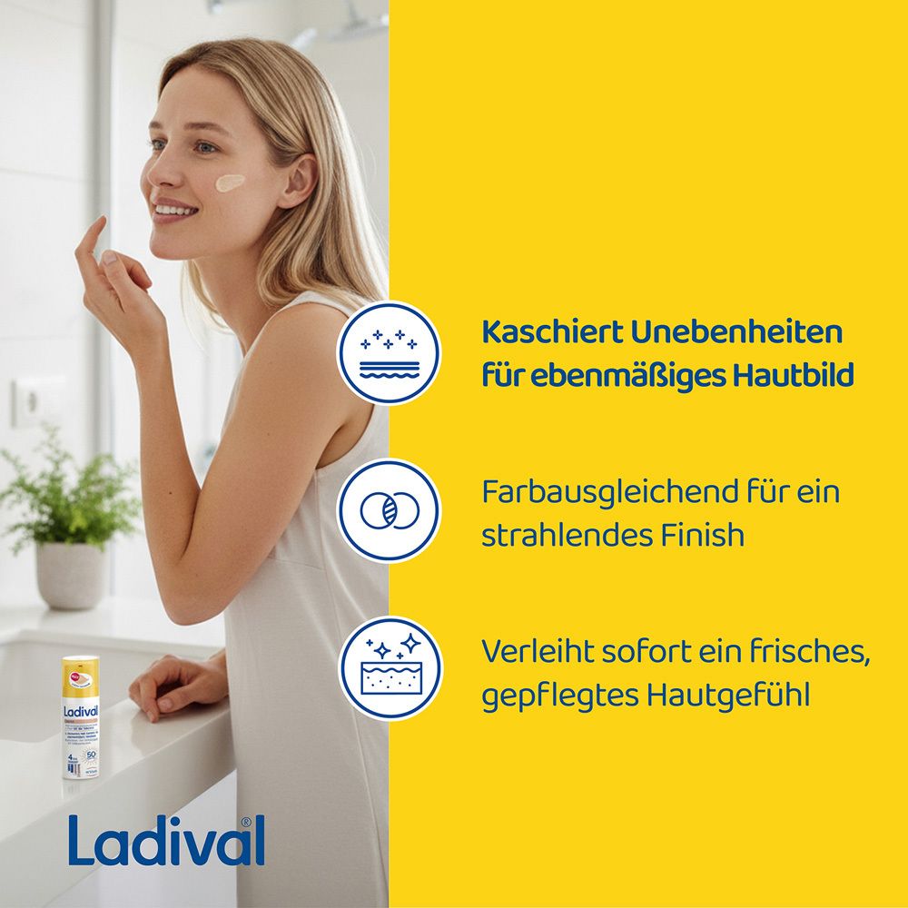 Frau trägt Ladival® Getönt Sonnenschutz Gel LSF 50+ für das Gesicht auf. Text: Kaschiert Unebenheiten.
