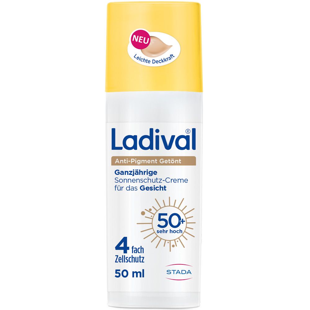 Ladival Anti-Pigment Getönt Sonnenschutz Gesicht LSF 50+ Flasche. Gelb-weiße Flasche mit braunem Deckel. Aufschrift: 50+ sehr hoch.