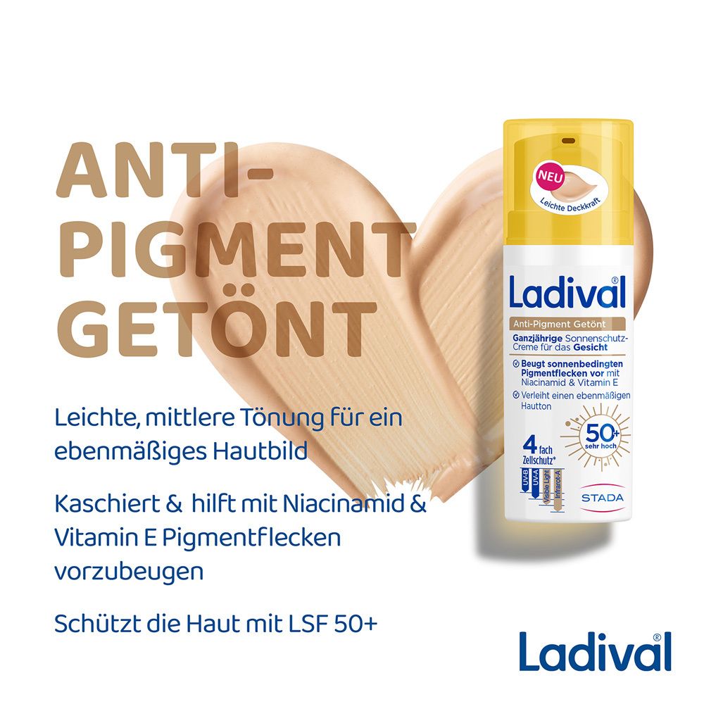 Ladival Anti-Pigment Getönt Sonnenschutz Gesicht LSF 50+ Flasche. Text: Anti-Pigment Getönt. Leichte Tönung für ebenmäßiges Hautbild.
