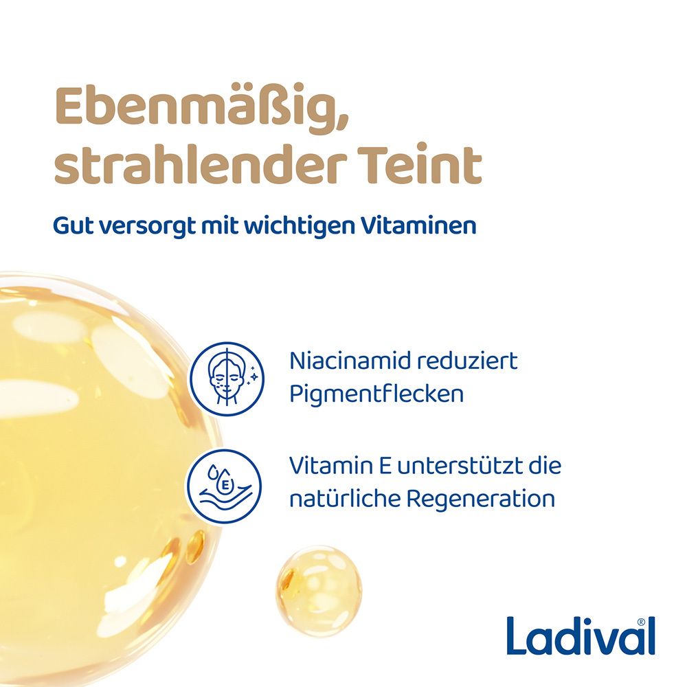 Gelbe Flüssigkeit mit Text: Ebenmäßiger, strahlender Teint. Niacinamid reduziert Pigmentflecken. Vitamin E unterstützt Regeneration.