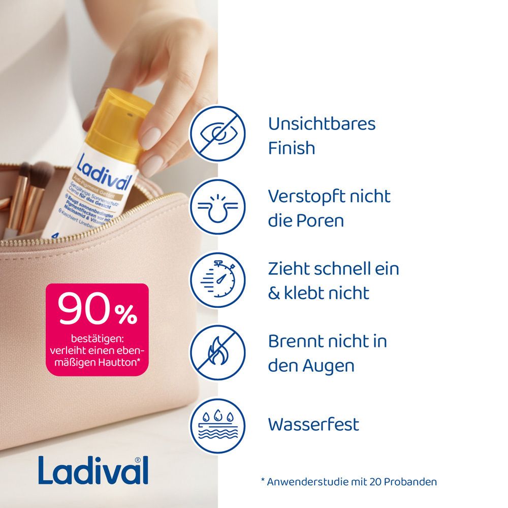 Frau mit Kosmetiktasche und Ladival Anti-Pigment Getönt Sonnenschutz Gesicht LSF 50+ Flasche. Text: 90% bestätigen ebenmäßiges Hautbild.