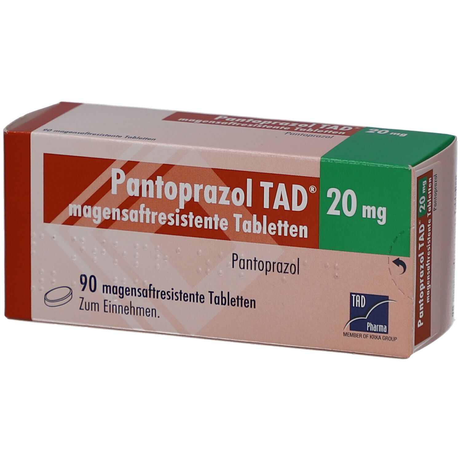 Schachtel PANTOPRAZOL TAD 20 mg. Aufschrift: 90 magensaftresistente Tabletten. Logo TAD Pharma.