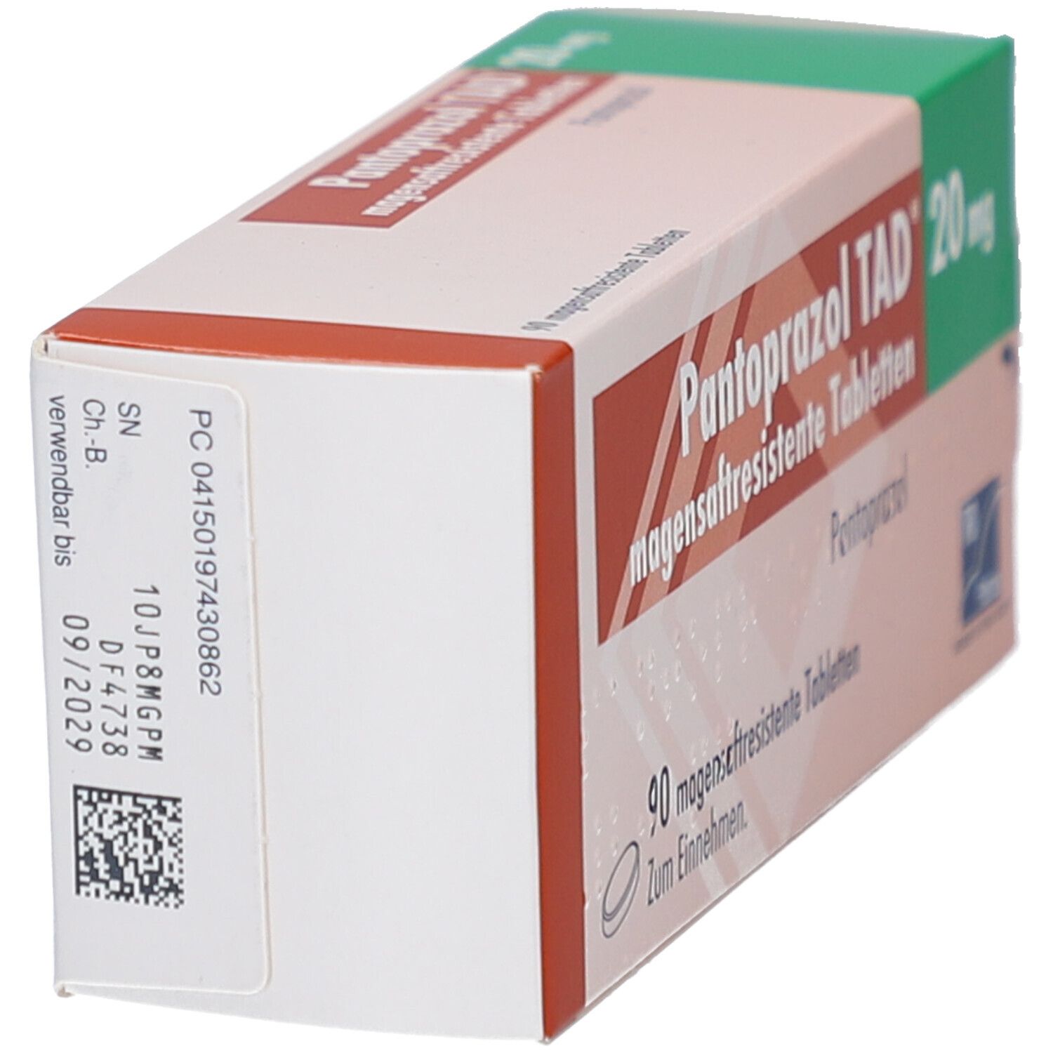 Schachtel PANTOPRAZOL TAD 20 mg. Aufdruck: Chargennummer, Verfallsdatum 09/2029. Barcode.