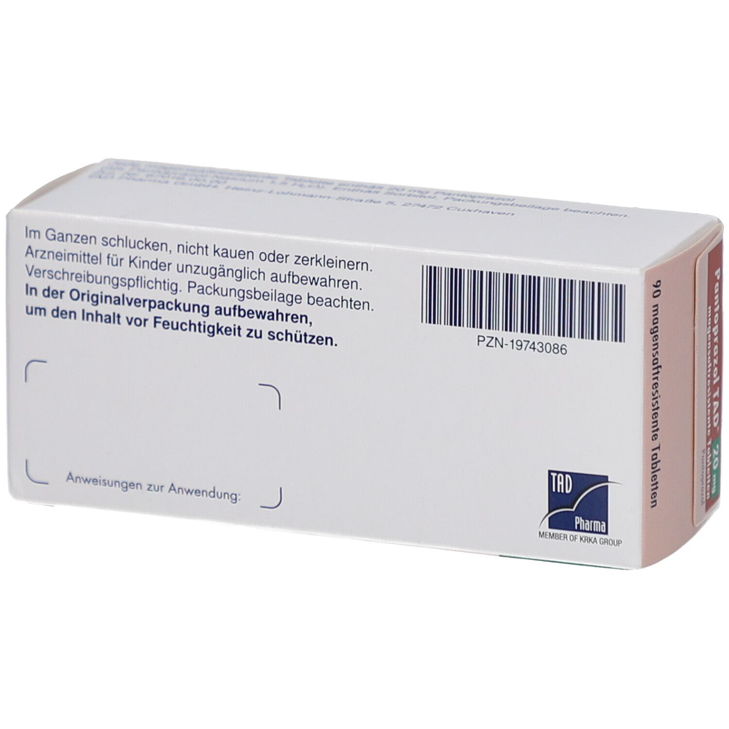 Rückseite der Schachtel PANTOPRAZOL TAD 20 mg. Text: Anwendungshinweise. Logo TAD Pharma.